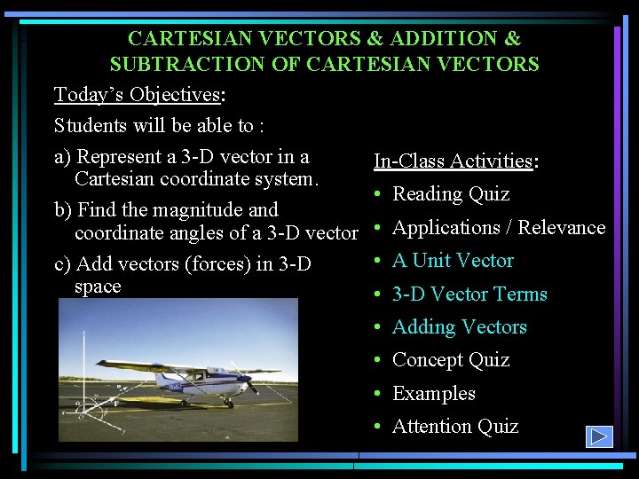 CARTESIAN VECTORS & ADDITION & SUBTRACTION OF CARTESIAN VECTORS Today’s Objectives: Students will be