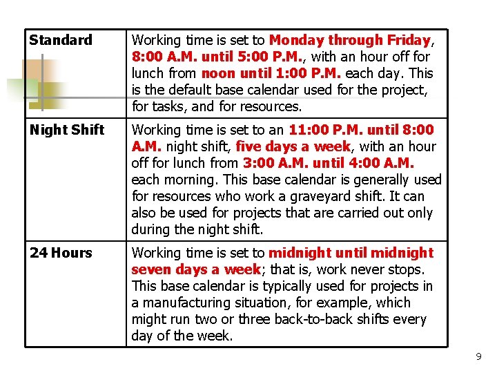 Standard Working time is set to Monday through Friday, 8: 00 A. M. until