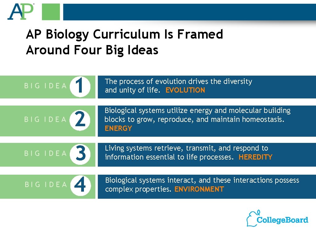 AP Biology Curriculum Is Framed Around Four Big Ideas BIG IDEA 1 The process