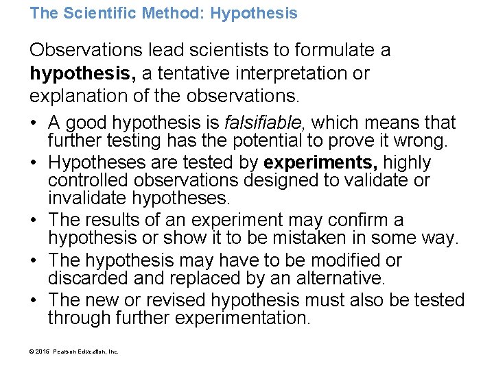 The Scientific Method: Hypothesis Observations lead scientists to formulate a hypothesis, a tentative interpretation