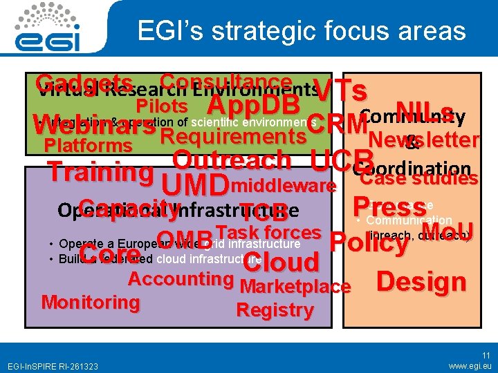 EGI’s strategic focus areas Consultance Gadgets Virtual Research Environments. VTs App. DB NILs Community