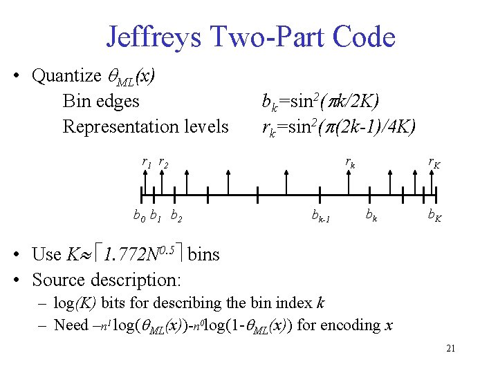 Jeffreys Two-Part Code • Quantize ML(x) Bin edges Representation levels bk=sin 2( k/2 K)