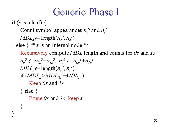 Generic Phase I if (s is a leaf) { Count symbol appearances ns 0