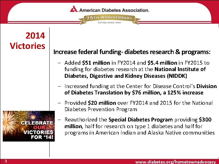 2014 Victories Increase federal funding- diabetes research & programs: – Added $51 million in
