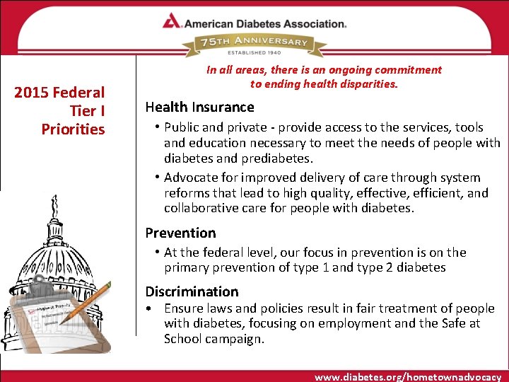 2015 Federal Tier I Priorities In all areas, there is an ongoing commitment to