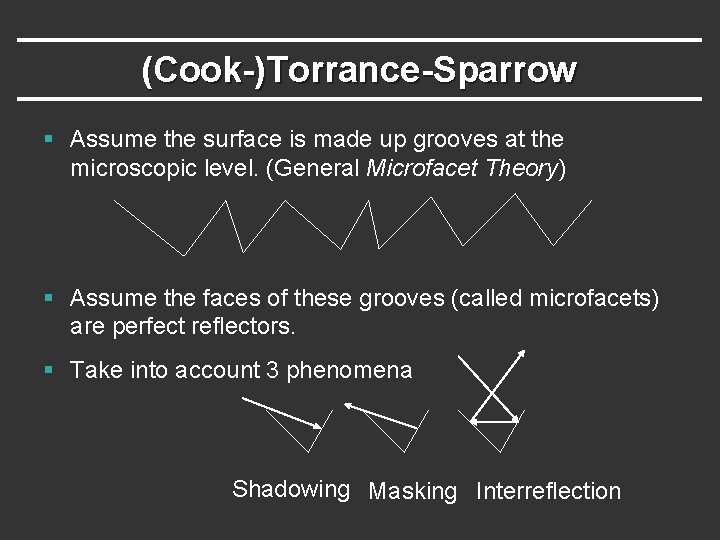 (Cook-)Torrance-Sparrow § Assume the surface is made up grooves at the microscopic level. (General