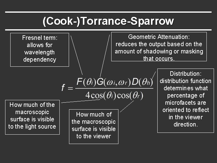 (Cook-)Torrance-Sparrow Fresnel term: allows for wavelength dependency How much of the macroscopic surface is