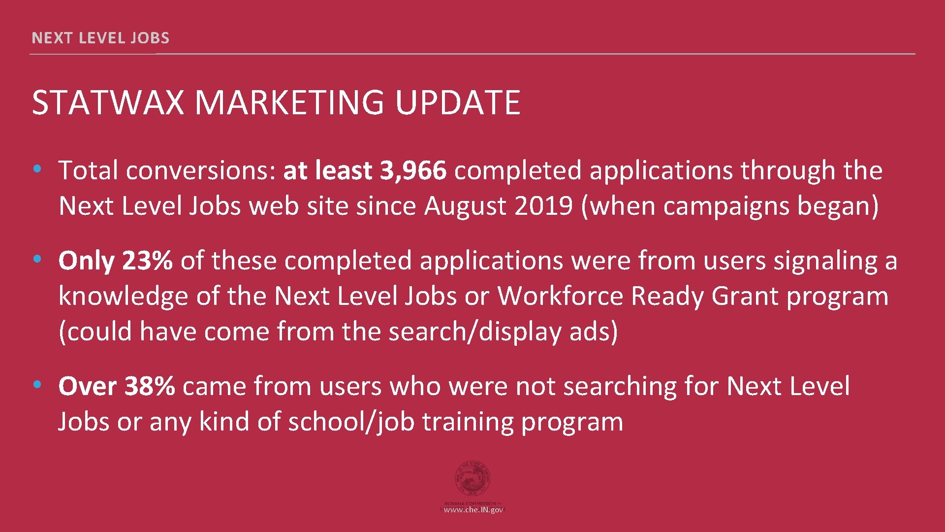 NEXT LEVEL JOBS STATWAX MARKETING UPDATE • Total conversions: at least 3, 966 completed