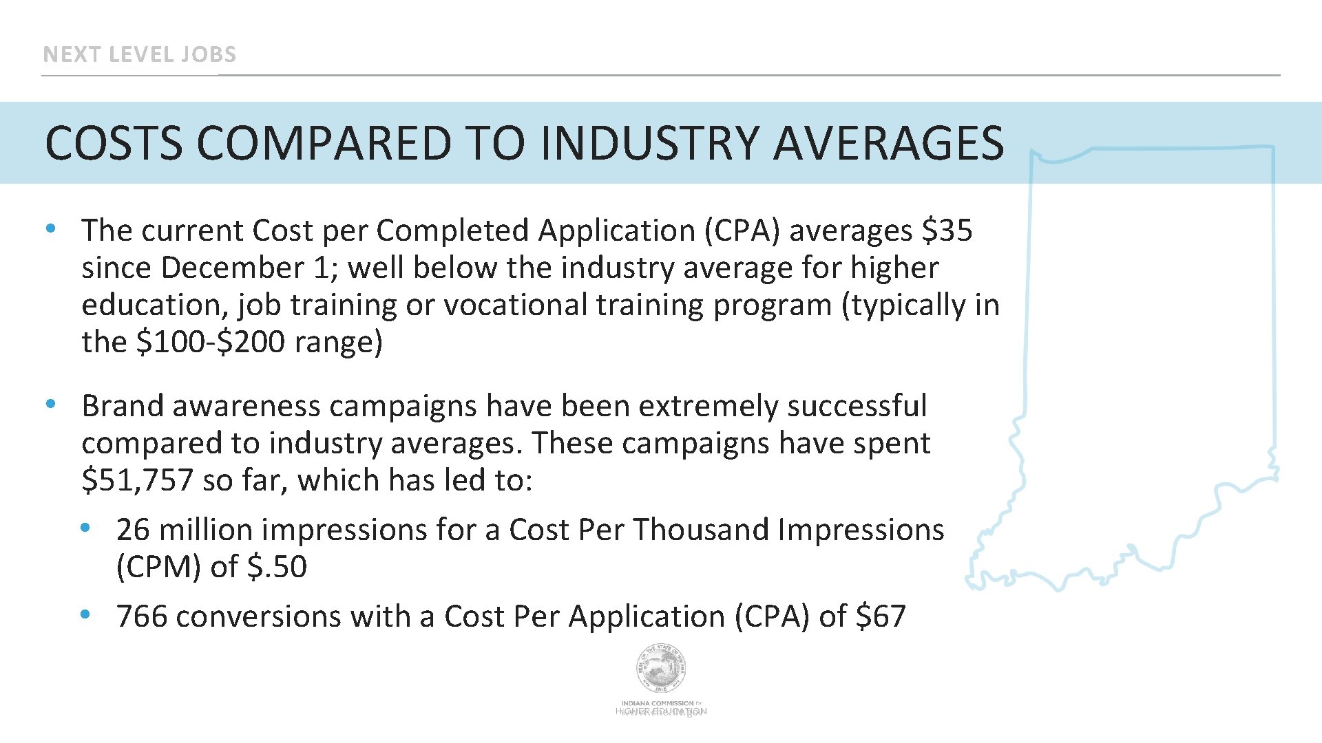 NEXT LEVEL JOBS COSTS COMPARED TO INDUSTRY AVERAGES • The current Cost per Completed