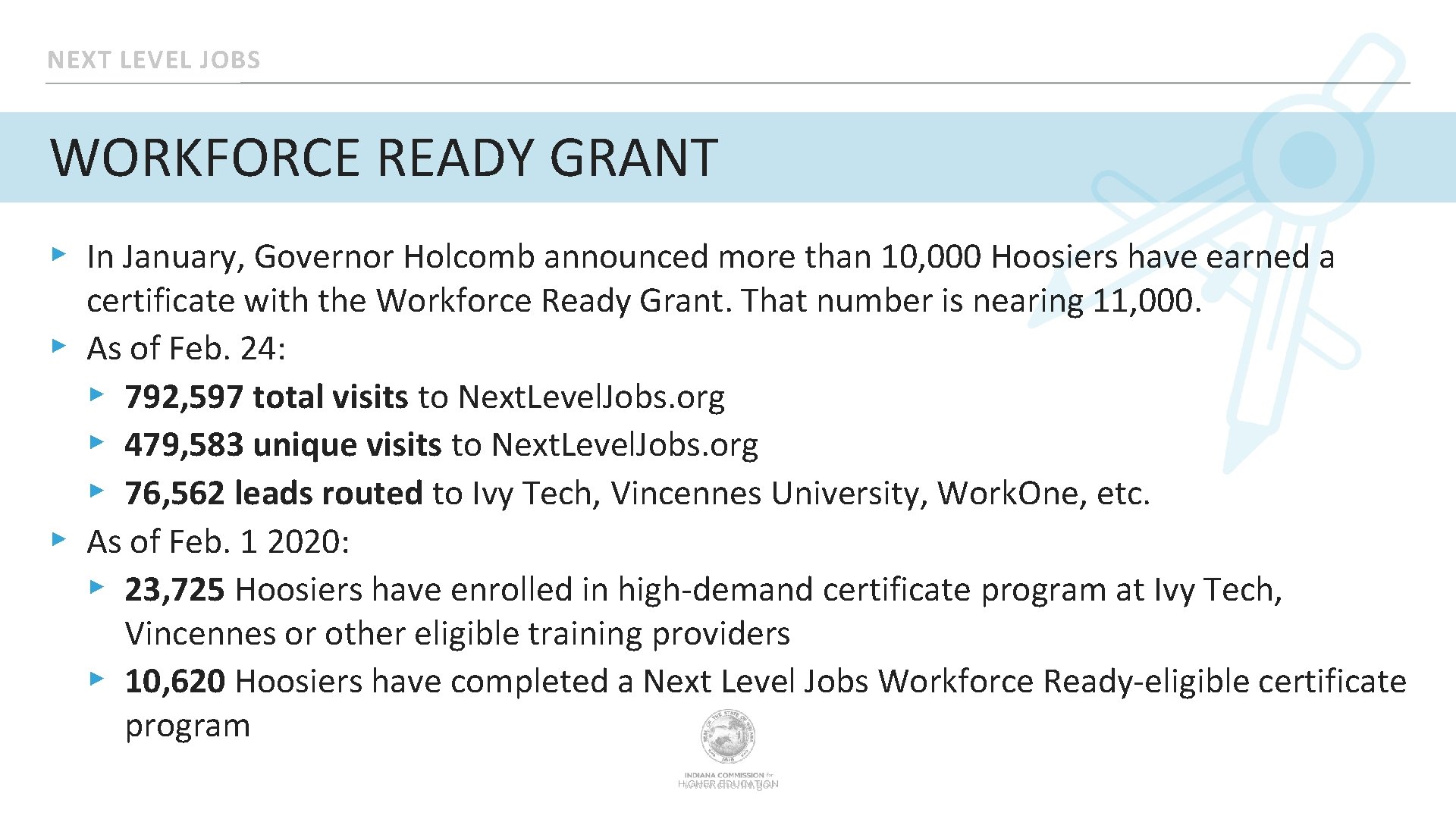 NEXT LEVEL JOBS WORKFORCE READY GRANT ▸ In January, Governor Holcomb announced more than