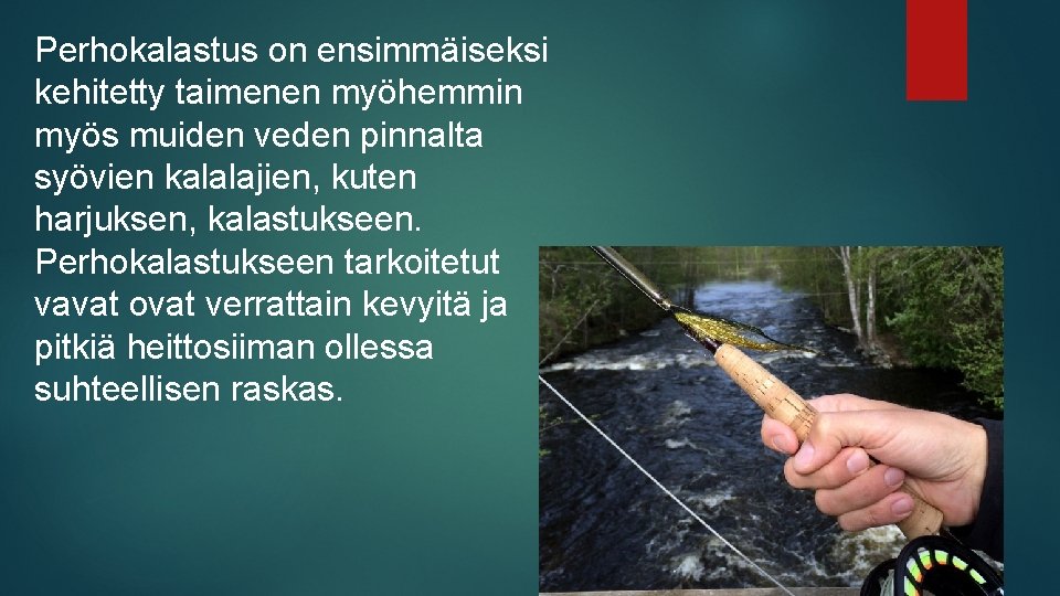 Perhokalastus on ensimmäiseksi kehitetty taimenen myöhemmin myös muiden veden pinnalta syövien kalalajien, kuten harjuksen,