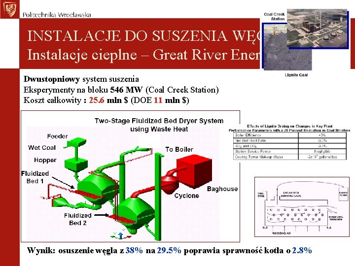 INSTALACJE DO SUSZENIA WĘGLA Instalacje cieplne – Great River Energy Dwustopniowy system suszenia Eksperymenty