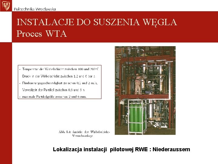 INSTALACJE DO SUSZENIA WĘGLA Proces WTA Lokalizacja instalacji pilotowej RWE : Niederaussem 