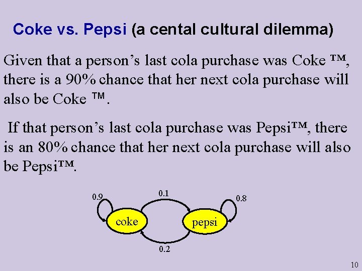 Coke vs. Pepsi (a cental cultural dilemma) Given that a person’s last cola purchase