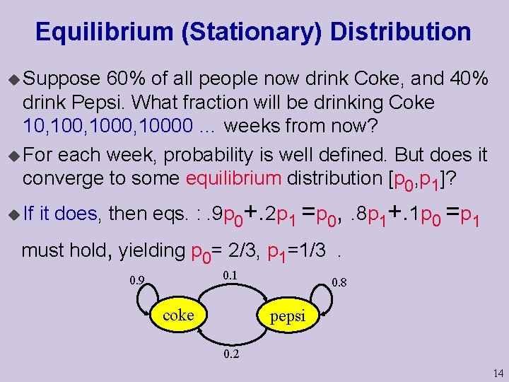 Equilibrium (Stationary) Distribution u Suppose 60% of all people now drink Coke, and 40%