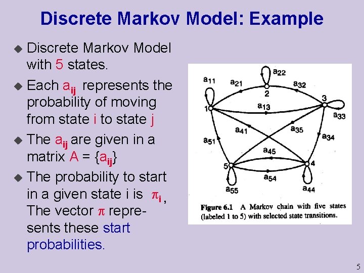 Discrete Markov Model: Example Discrete Markov Model with 5 states. u Each aij represents