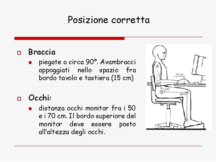 Posizione corretta o Braccia n o piegate a circa 90°. Avambracci appoggiati nello spazio