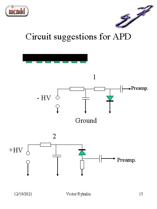 Circuit suggestions for APD 1 Preamp. - HV Ground 2 +HV Preamp. 12/19/2021 Victor