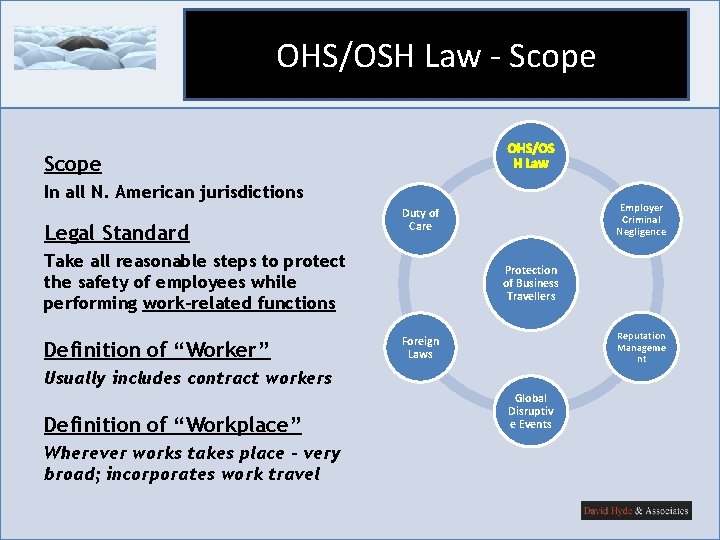 OHS/OSH Law - Scope OHS/OS H Law Scope In all N. American jurisdictions Legal OHS/OSH Law - Scope OHS/OS H Law Scope In all N. American jurisdictions Legal