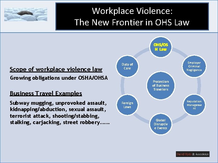 Workplace Violence: The New Frontier in OHS Law OHS/OS H Law Scope of workplace Workplace Violence: The New Frontier in OHS Law OHS/OS H Law Scope of workplace