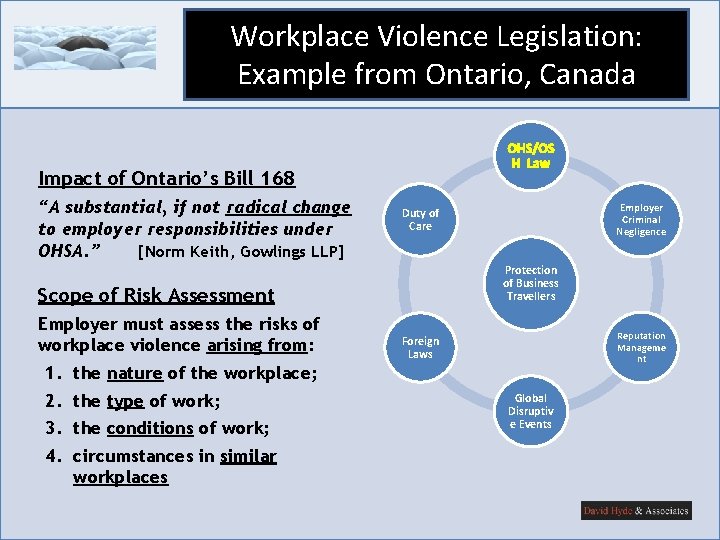 Workplace Violence Legislation: Example from Ontario, Canada OHS/OS H Law Impact of Ontario’s Bill Workplace Violence Legislation: Example from Ontario, Canada OHS/OS H Law Impact of Ontario’s Bill