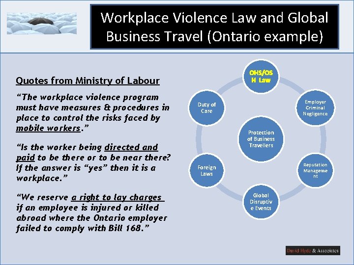 Workplace Violence Law and Global Business Travel (Ontario example) OHS/OS H Law Quotes from Workplace Violence Law and Global Business Travel (Ontario example) OHS/OS H Law Quotes from