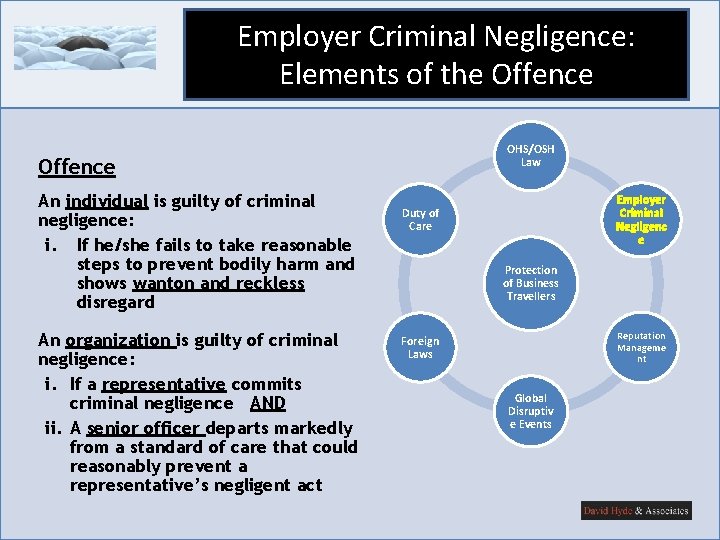 Employer Criminal Negligence: Elements of the Offence OHS/OSH Law Offence An individual is guilty Employer Criminal Negligence: Elements of the Offence OHS/OSH Law Offence An individual is guilty