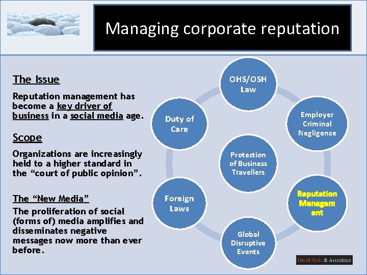 Managing corporate reputation OHS/OSH Law The Issue Reputation management has become a key driver Managing corporate reputation OHS/OSH Law The Issue Reputation management has become a key driver