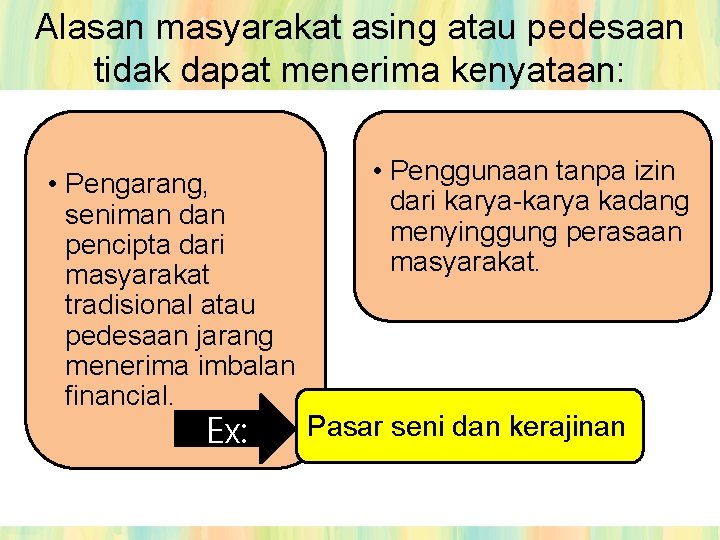 Alasan masyarakat asing atau pedesaan tidak dapat menerima kenyataan: • Pengarang, seniman dan pencipta Alasan masyarakat asing atau pedesaan tidak dapat menerima kenyataan: • Pengarang, seniman dan pencipta
