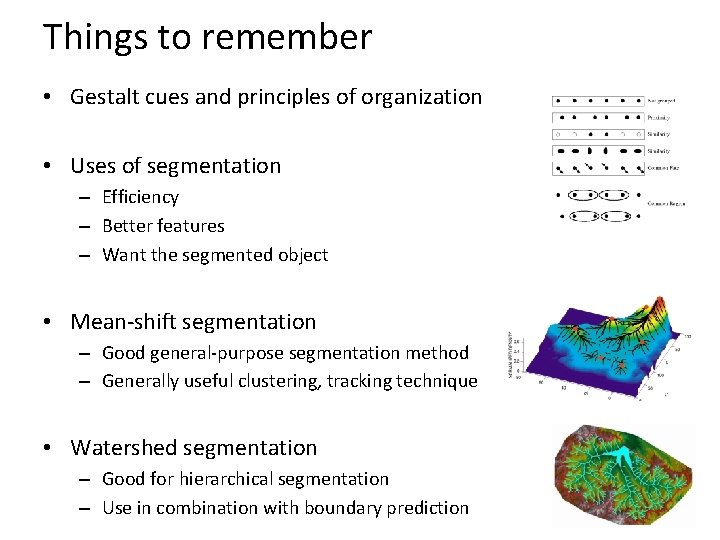 Things to remember • Gestalt cues and principles of organization • Uses of segmentation