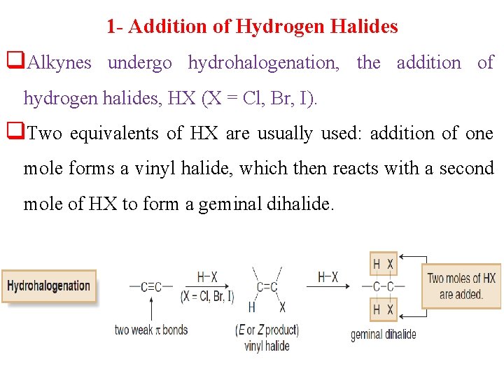 1 - Addition of Hydrogen Halides q. Alkynes undergo hydrohalogenation, the addition of hydrogen