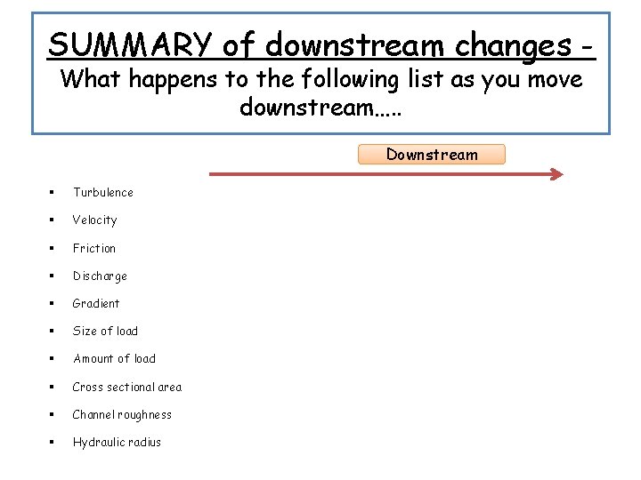 SUMMARY of downstream changes What happens to the following list as you move downstream….