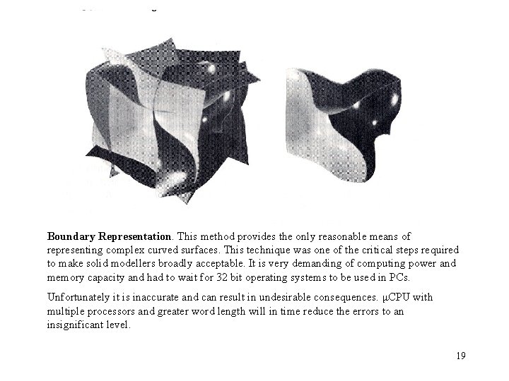 Boundary Representation. This method provides the only reasonable means of representing complex curved surfaces.