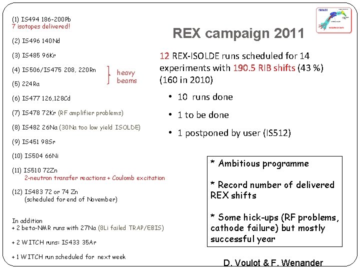 (1) IS 494 186 -200 Pb 7 isotopes delivered! REX campaign 2011 (2) IS