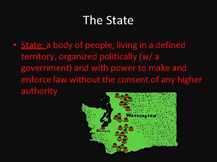 The State • State: a body of people, living in a defined territory, organized