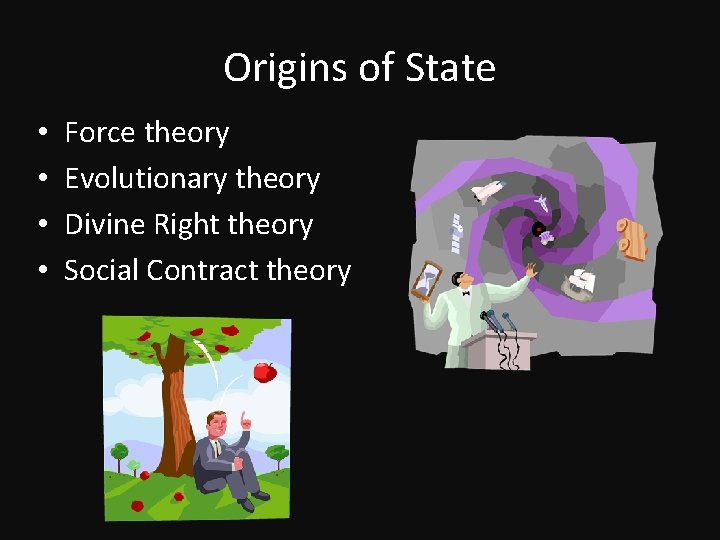 Origins of State • • Force theory Evolutionary theory Divine Right theory Social Contract