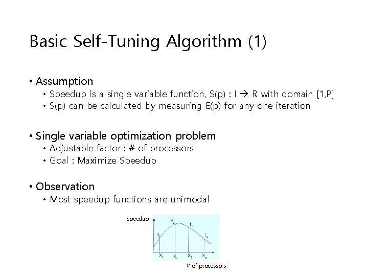 Basic Self-Tuning Algorithm (1) • Assumption • Speedup is a single variable function, S(p) Basic Self-Tuning Algorithm (1) • Assumption • Speedup is a single variable function, S(p)