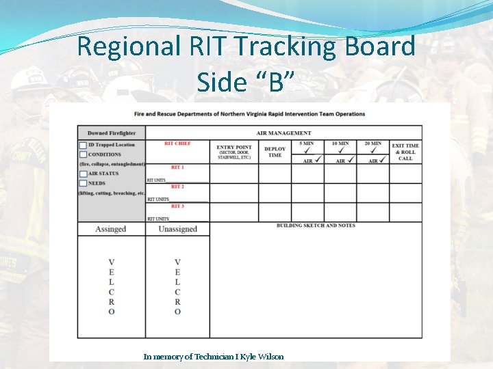 Regional RIT Tracking Board Side “B” In memory of Technician I Kyle Wilson 