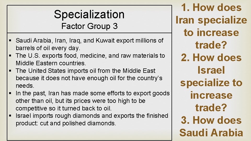 Specialization Factor Group 3 Saudi Arabia, Iran, Iraq, and Kuwait export millions of barrels