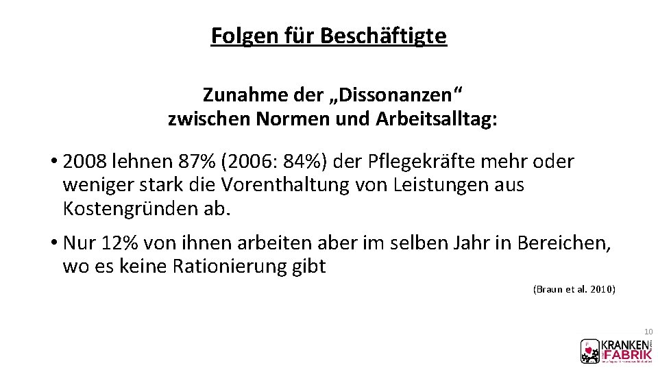 Folgen für Beschäftigte Zunahme der „Dissonanzen“ zwischen Normen und Arbeitsalltag: • 2008 lehnen 87%