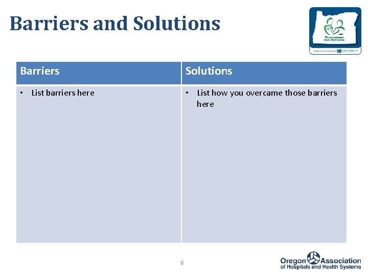 Barriers and Solutions Barriers Solutions • List barriers here • List how you overcame