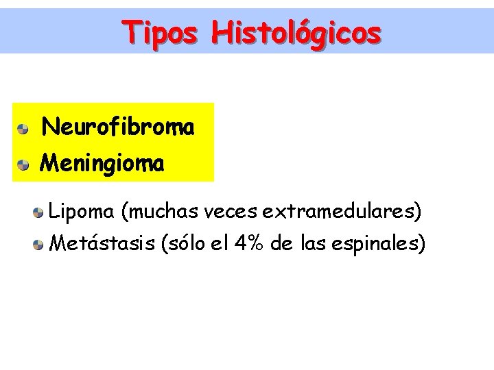Tipos Histológicos Neurofibroma Meningioma Lipoma (muchas veces extramedulares) Metástasis (sólo el 4% de las