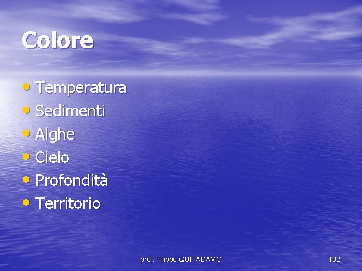 Colore • Temperatura • Sedimenti • Alghe • Cielo • Profondità • Territorio prof.