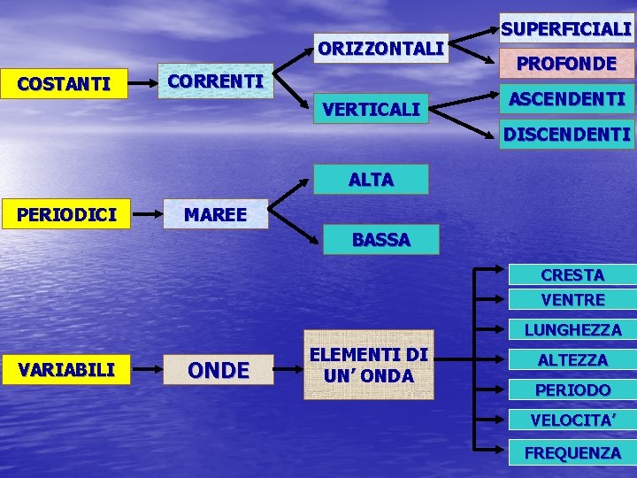 ORIZZONTALI COSTANTI CORRENTI VERTICALI SUPERFICIALI PROFONDE ASCENDENTI DISCENDENTI ALTA PERIODICI MAREE BASSA CRESTA VENTRE