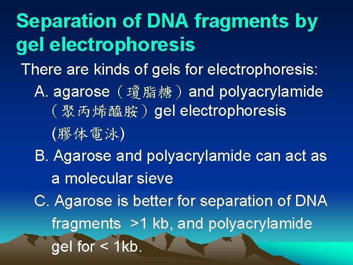 Separation of DNA fragments by gel electrophoresis There are kinds of gels for electrophoresis: