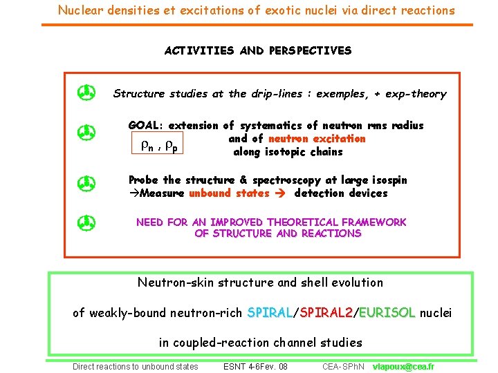 Nuclear densities et excitations of exotic nuclei via direct reactions ACTIVITIES AND PERSPECTIVES Structure