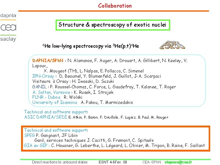 Collaboration Structure & spectroscopy of exotic nuclei 6 He low-lying spectroscopy via 8 He(p,