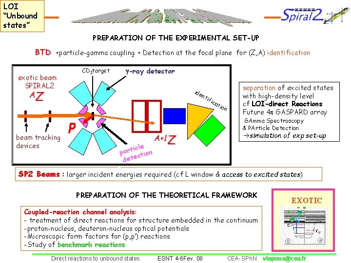 LOI “Unbound states” PREPARATION OF THE EXPERIMENTAL SET-UP BTD +particle-gamma coupling + Detection at