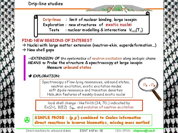 Drip-line studies Drip-lines : limit of nuclear binding, large isospin Exploration : new structures