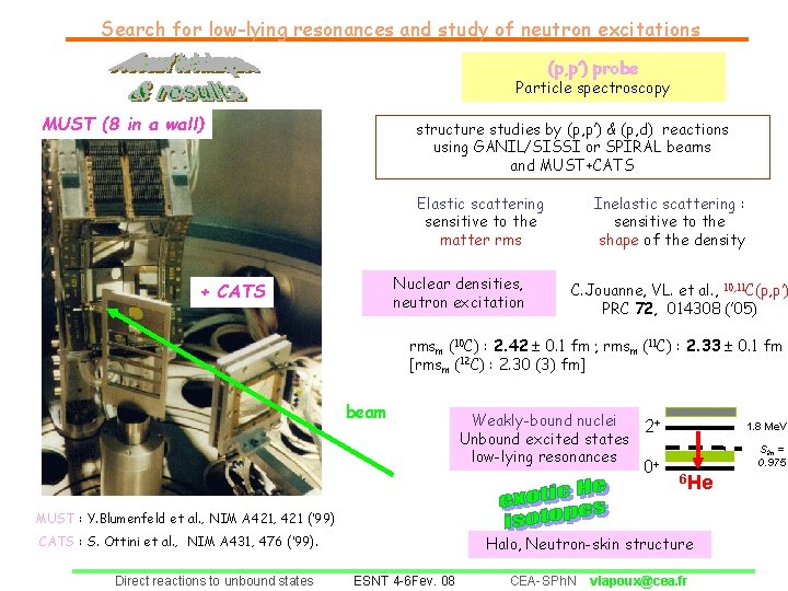 Search for low-lying resonances and study of neutron excitations (p, p’) probe Particle spectroscopy